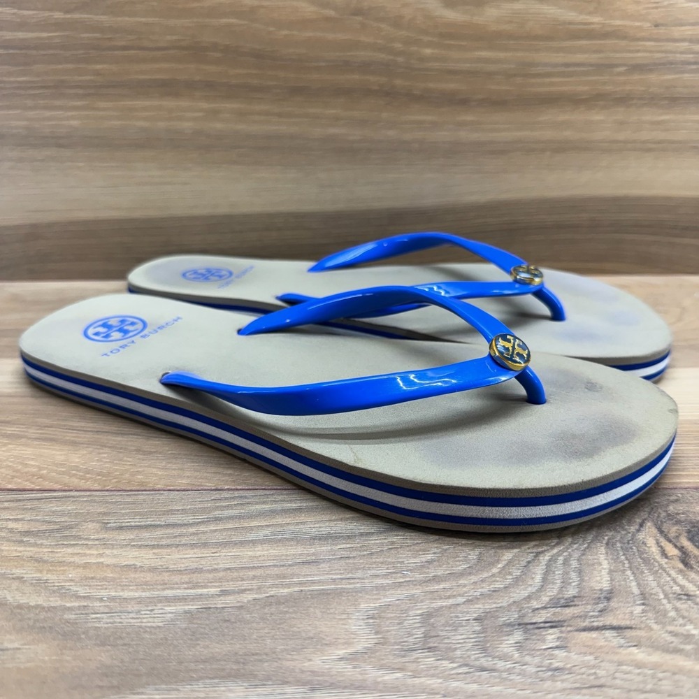 Tory Burch Blue Patent Strap Flip Flop Sandals